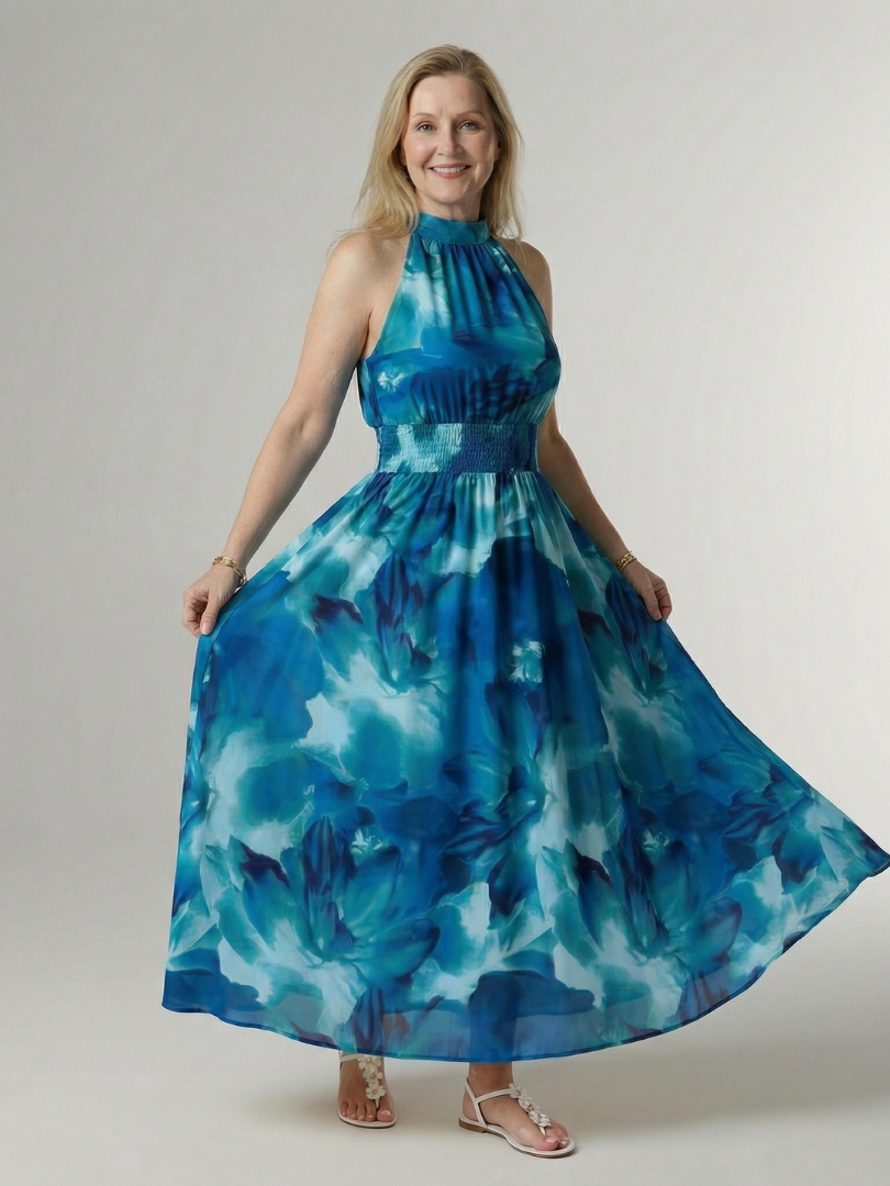 Halter High Neck Sleeveless Tie-Dye Print Shirred Waist Maxi Dress