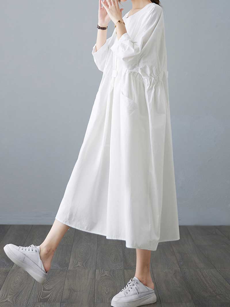 Round Neck Half Sleeve Cinched Waist Pocket Cotton Midi Dress