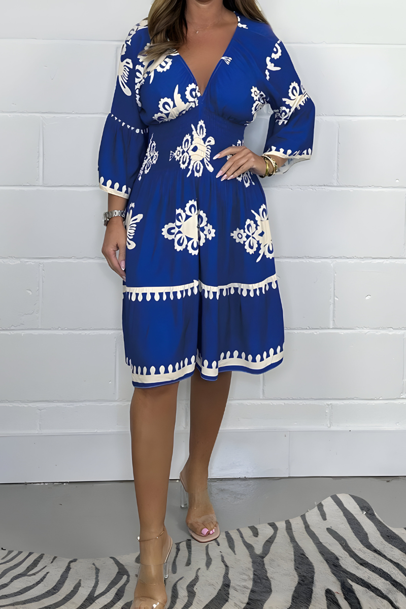 V-Neck Flare Sleeve Baroque Print Scallop Trim Tiered Midi Dress 4