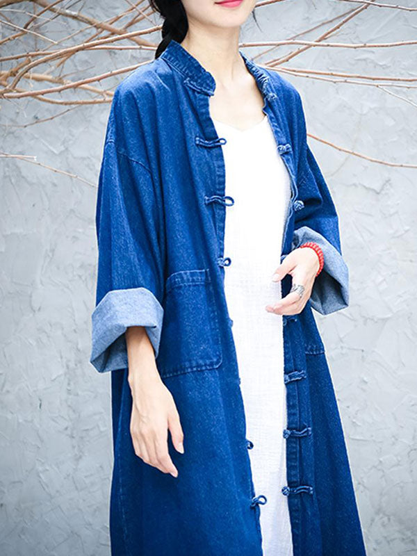 Stand Collar Frog Button Patch Pocket Denim Duster Coat 5