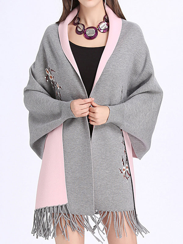 Floral Embroidered Contrast Border Fringe Shawl Cardigan