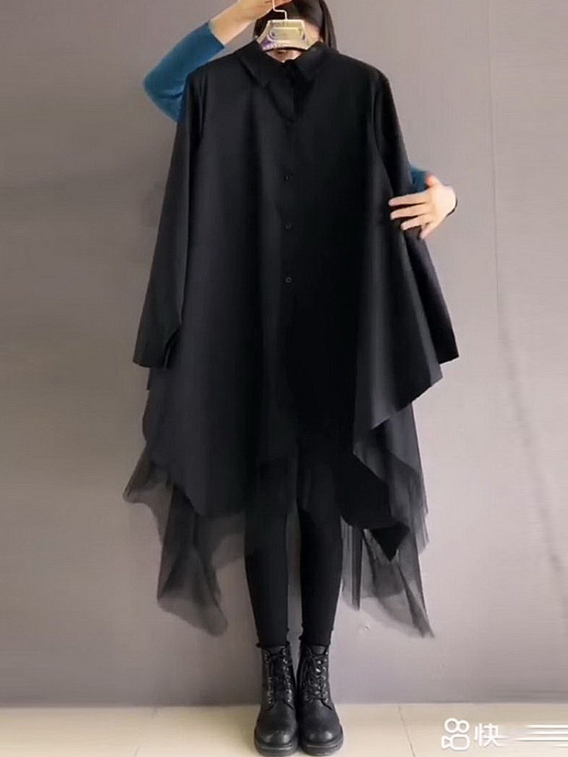 Collared Button Up Long Sleeve High Low Oversized Shirt Dress 6