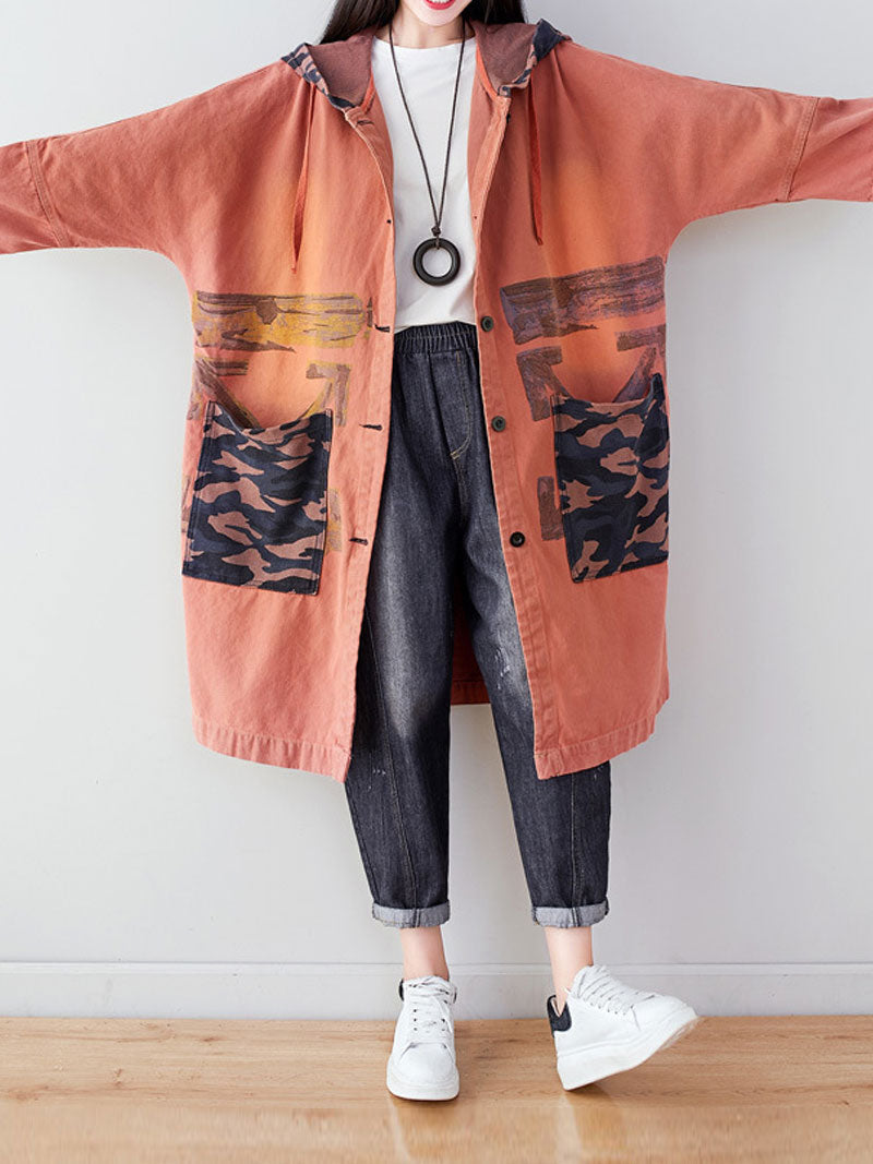 Hooded Graffiti Print Patch Pocket Long Denim Coat 9