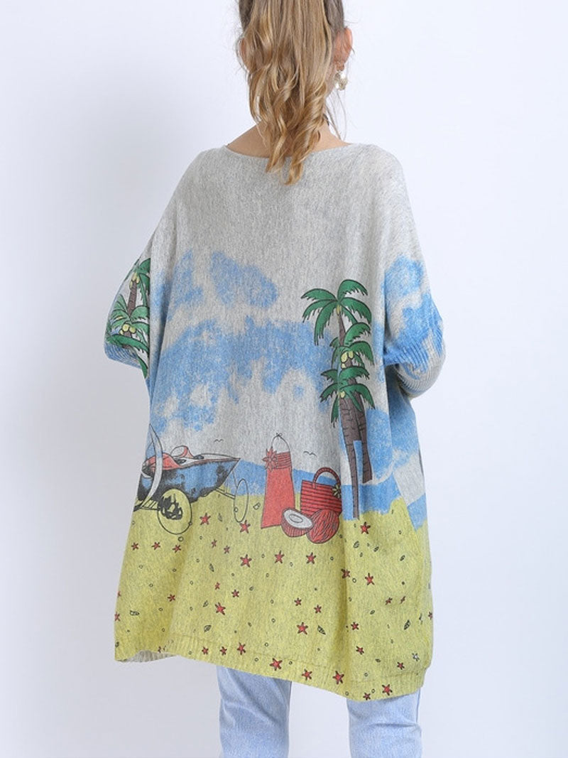 Boat Neck Long Sleeve Beach Scenic Print Oversized Knit Sweater 6