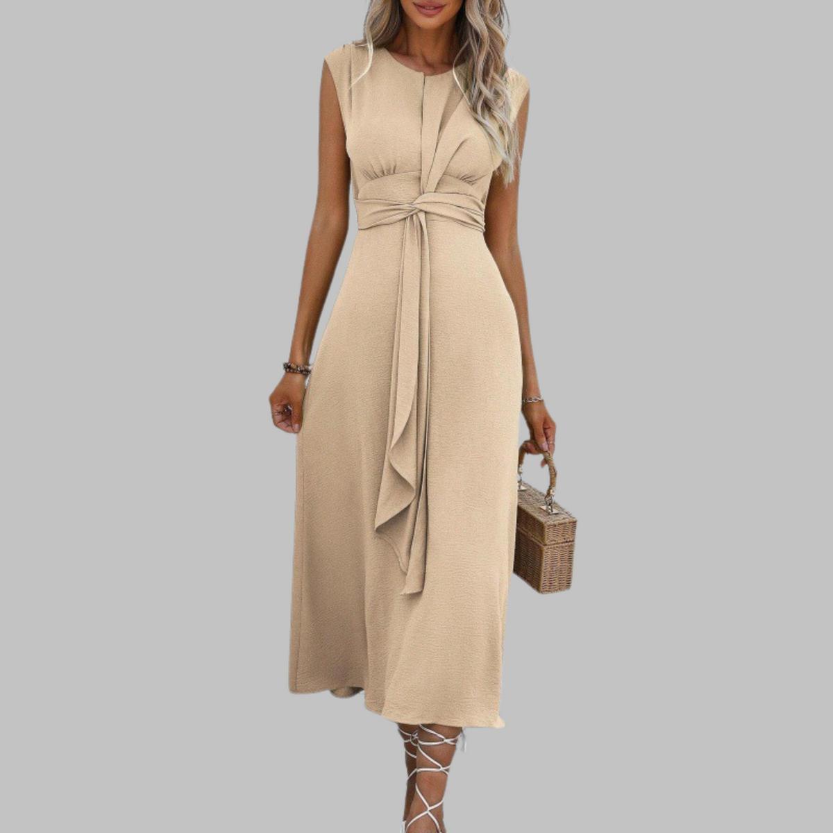 Round Neck Cap Sleeve Twist Front Tie Waist A-Line Midi Dress