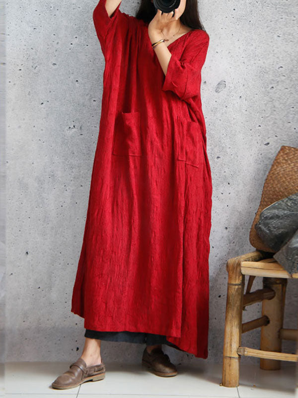 V-Neck Long Sleeve Patch Pocket Linen Loose Maxi Dress