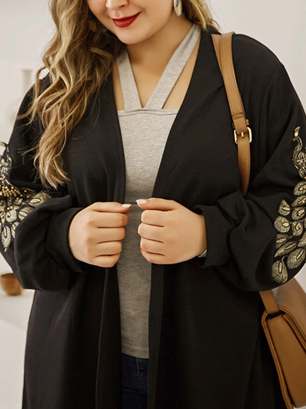 Black Open Front Peacock Embroidery Long Sleeve Longline Cardigan 5