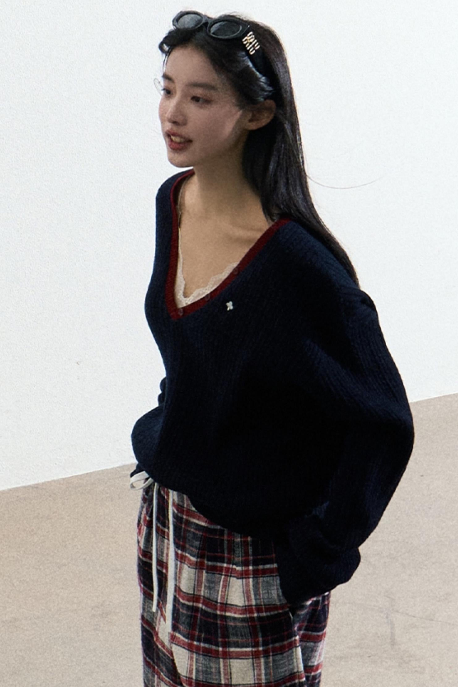 Navy V-Neck Knit Cardigan