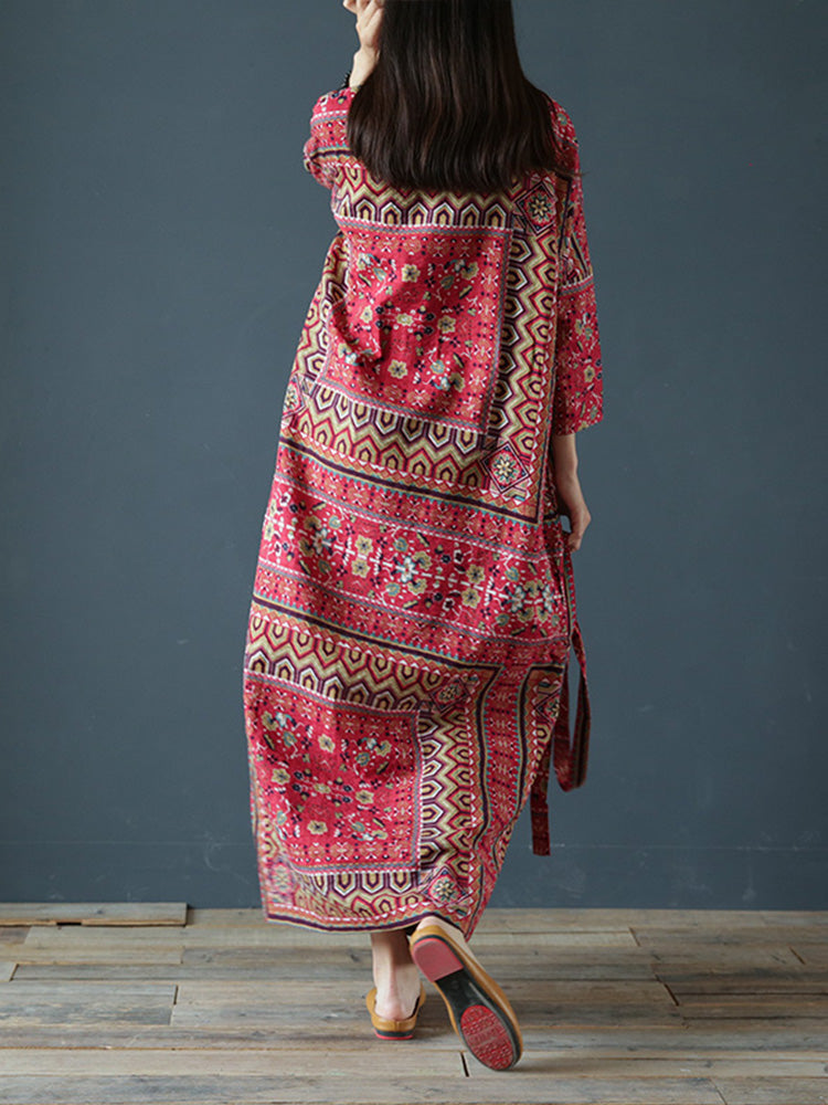 Red Round Neck Ethnic Print Tie Waist Loose Kaftan Maxi Dress