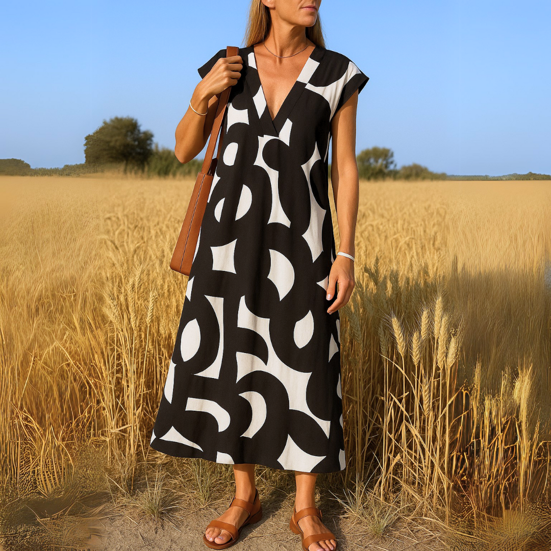 V-Neck Flutter Sleeve Geometric Print A-Line Maxi Dress