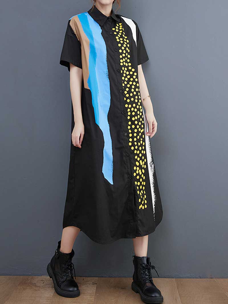 Collared Abstract Print Short Sleeve Shirt Midi Dress 7