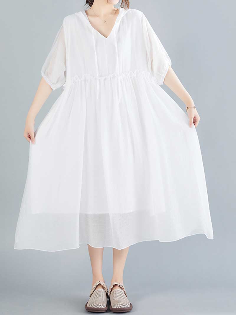 Hooded V-Neck Short Sleeve Pleated Loose A-Line Midi Dress