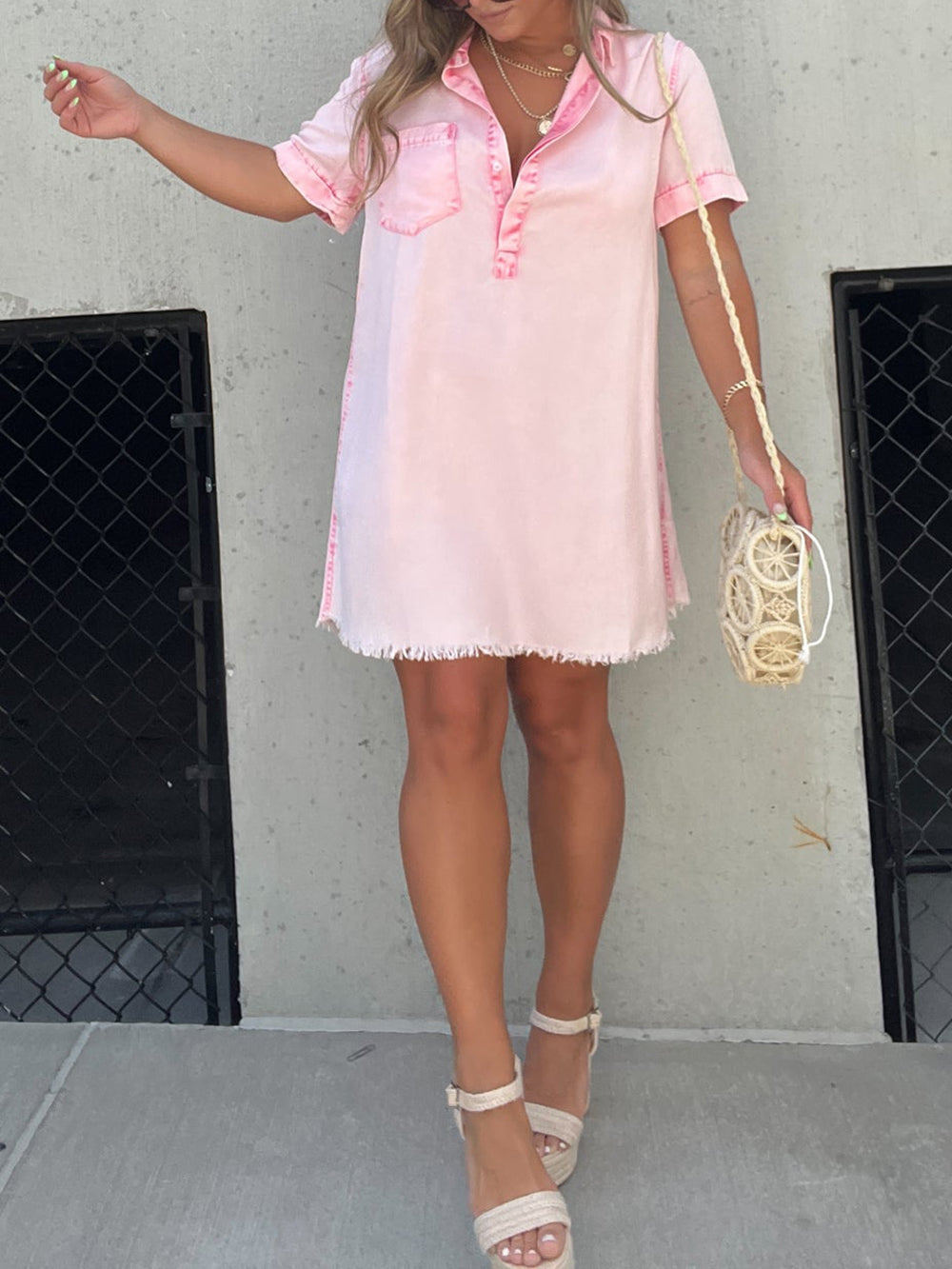 Collared Short Sleeve Frayed Hem Denim Shift Mini Dress 5
