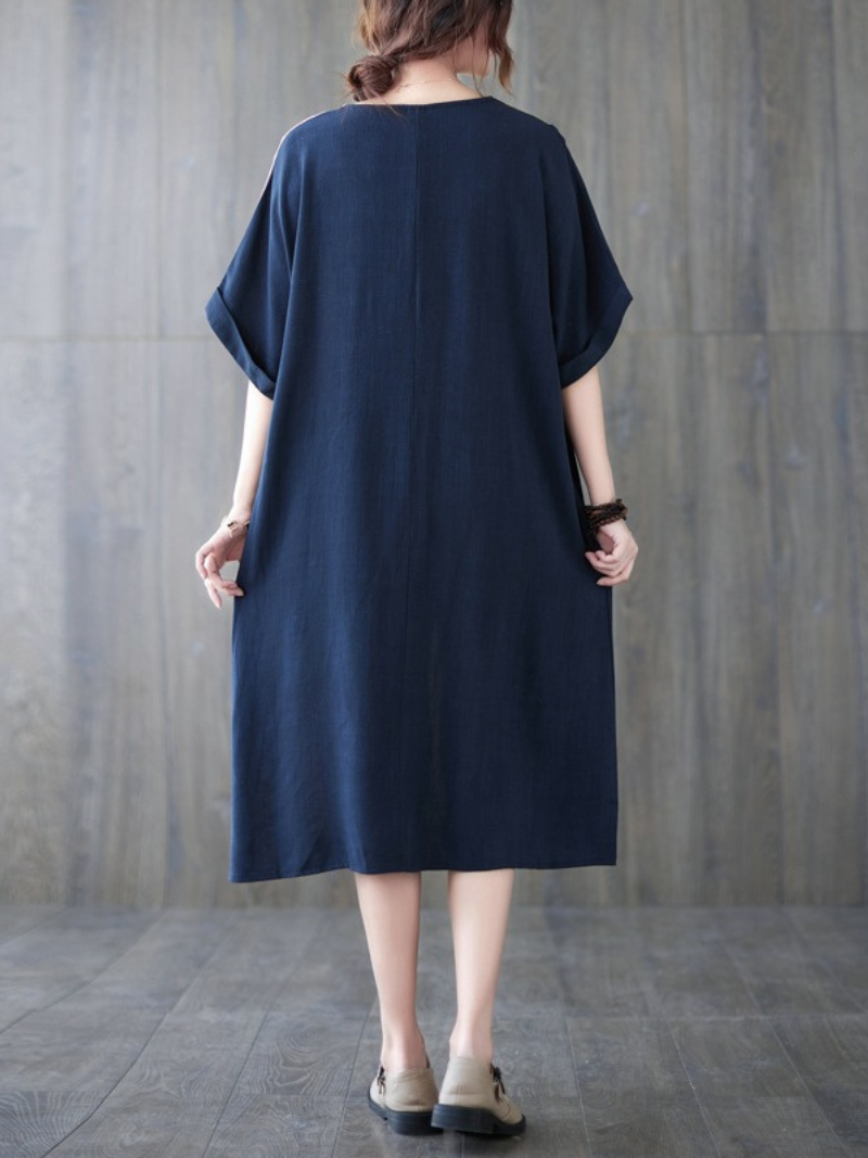 Round Neck Short Sleeve Colorblock Patchwork Cocoon Midi Dress 3