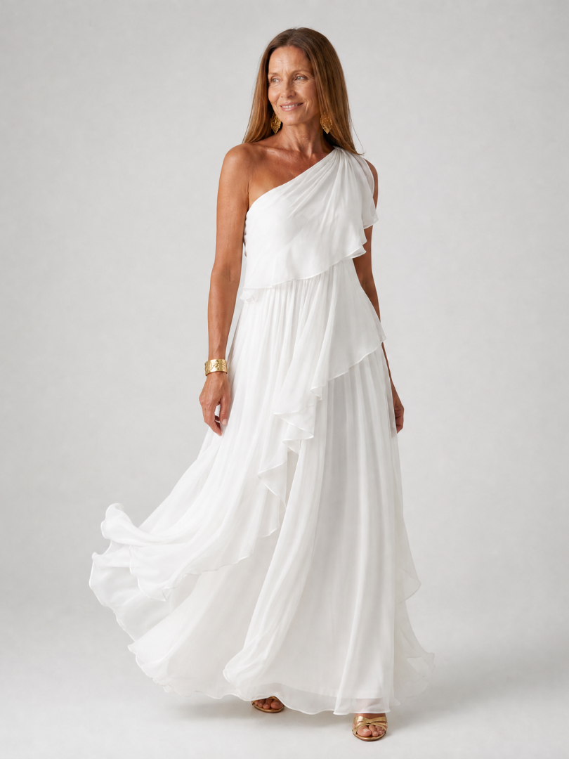 One-Shoulder Chiffon Cascade Ruffle Flowy Maxi Gown 8