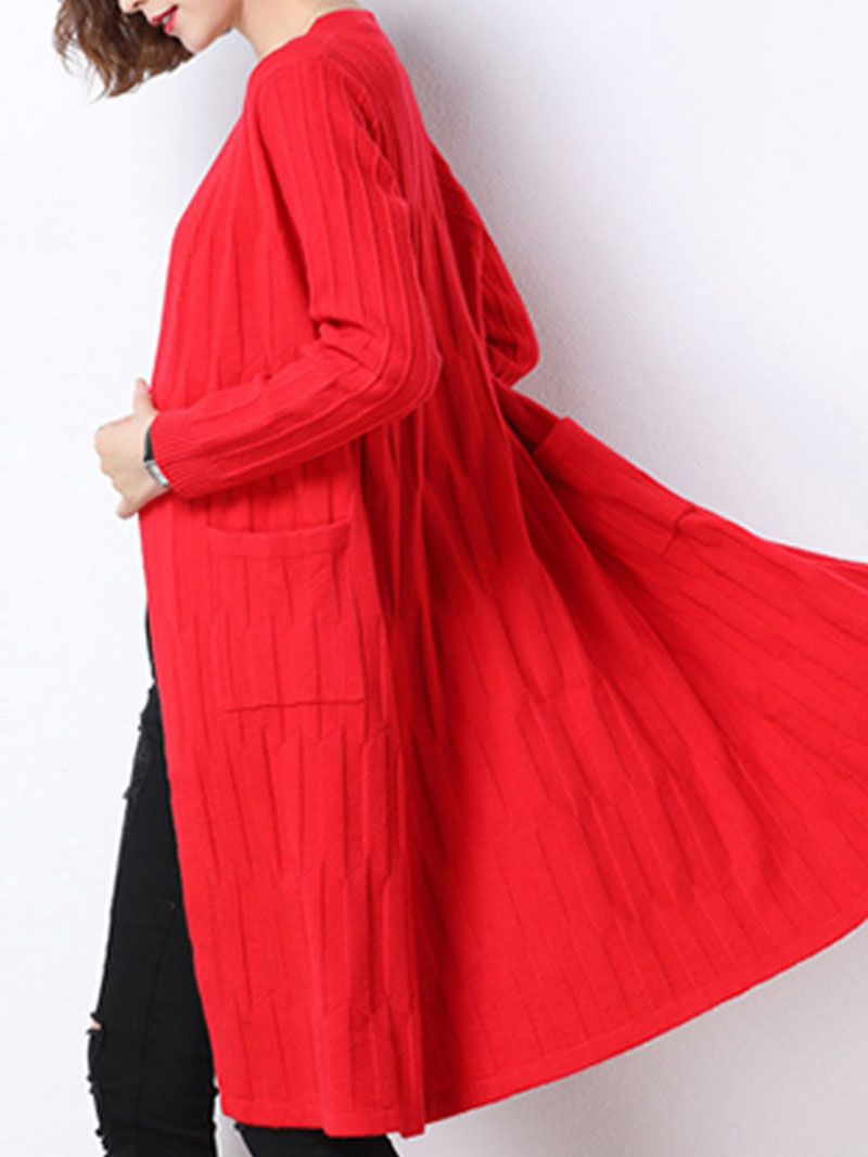 Open Front Ribbed Knit Patch Pocket Long Sleeve Cardigan 5