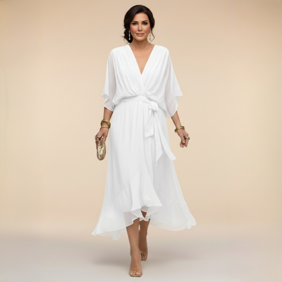 V-Neck Chiffon Batwing Sleeve Tie Waist Ruffle Hem Midi Dress