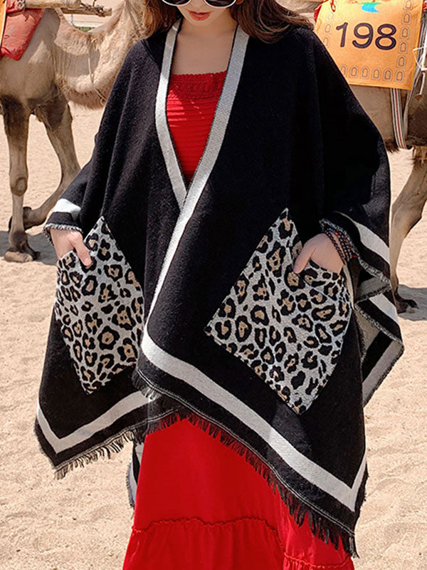 Leopard Pocket Fringe Trim Open Front Shawl Cape