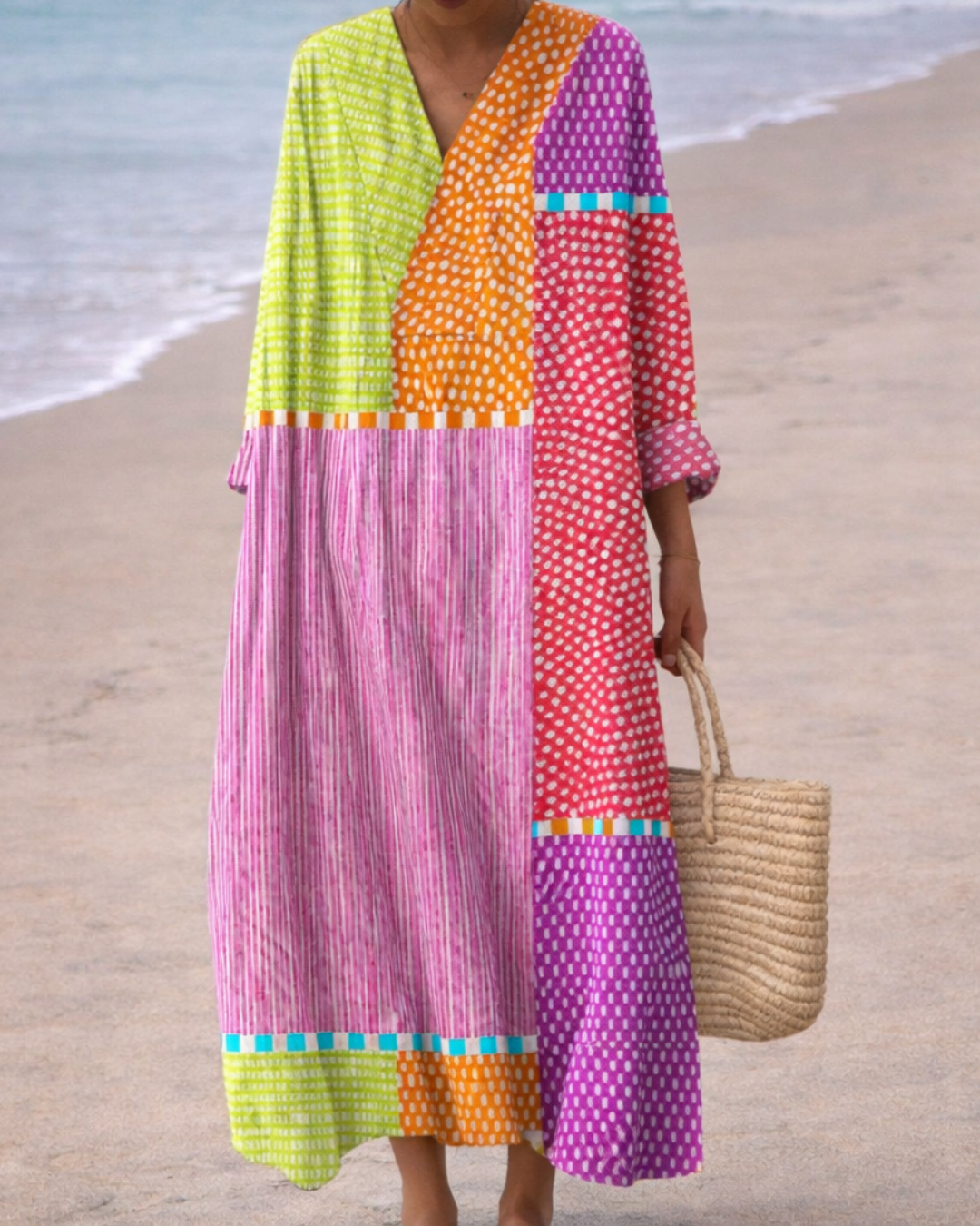 V-Neck Long Sleeve Colorblock Patchwork Print Shift Maxi Dress