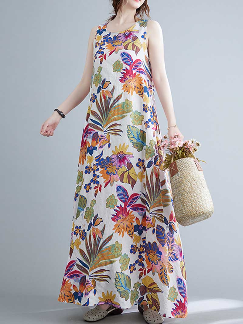 Round Neck Sleeveless Tropical Floral Print Loose A-Line Maxi Dress