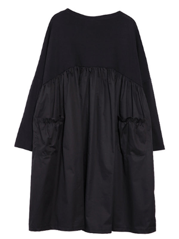Black Round Neck Long Sleeve Pleated Pocket Smock Midi Dress