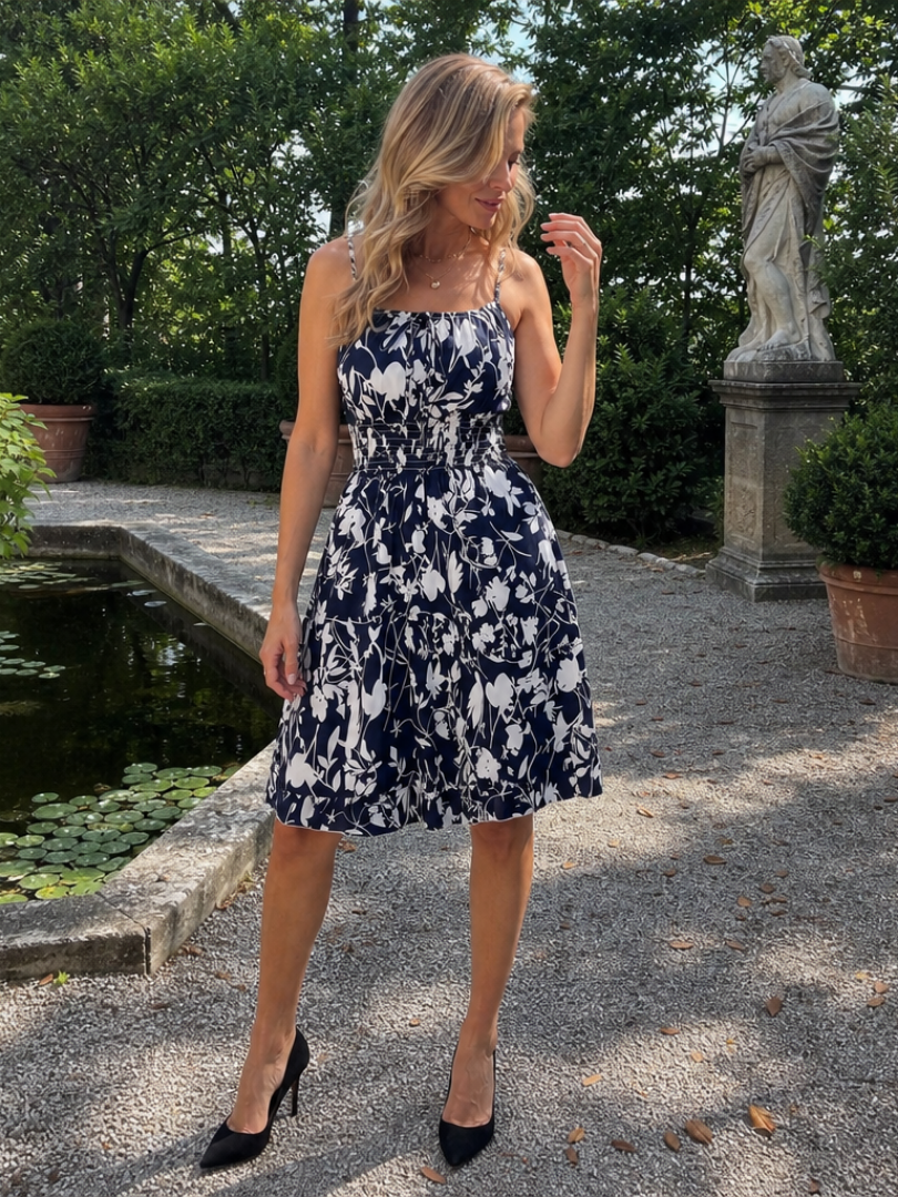 Spaghetti Strap Smocked Waist Abstract Print Ruffle Hem Midi Dress 6