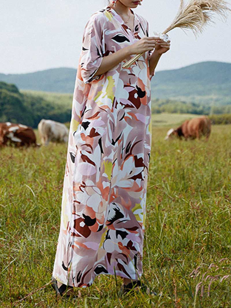 Multicolor V-Neck Half Sleeve Abstract Floral Print Kaftan Maxi Dress
