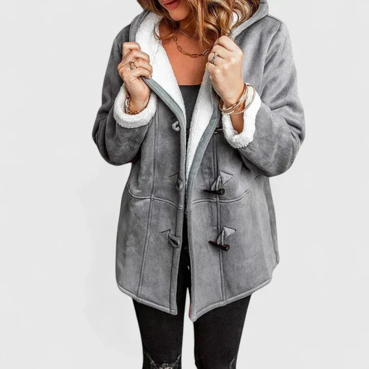 Hooded Sherpa Lined Suede Toggle Button Coat