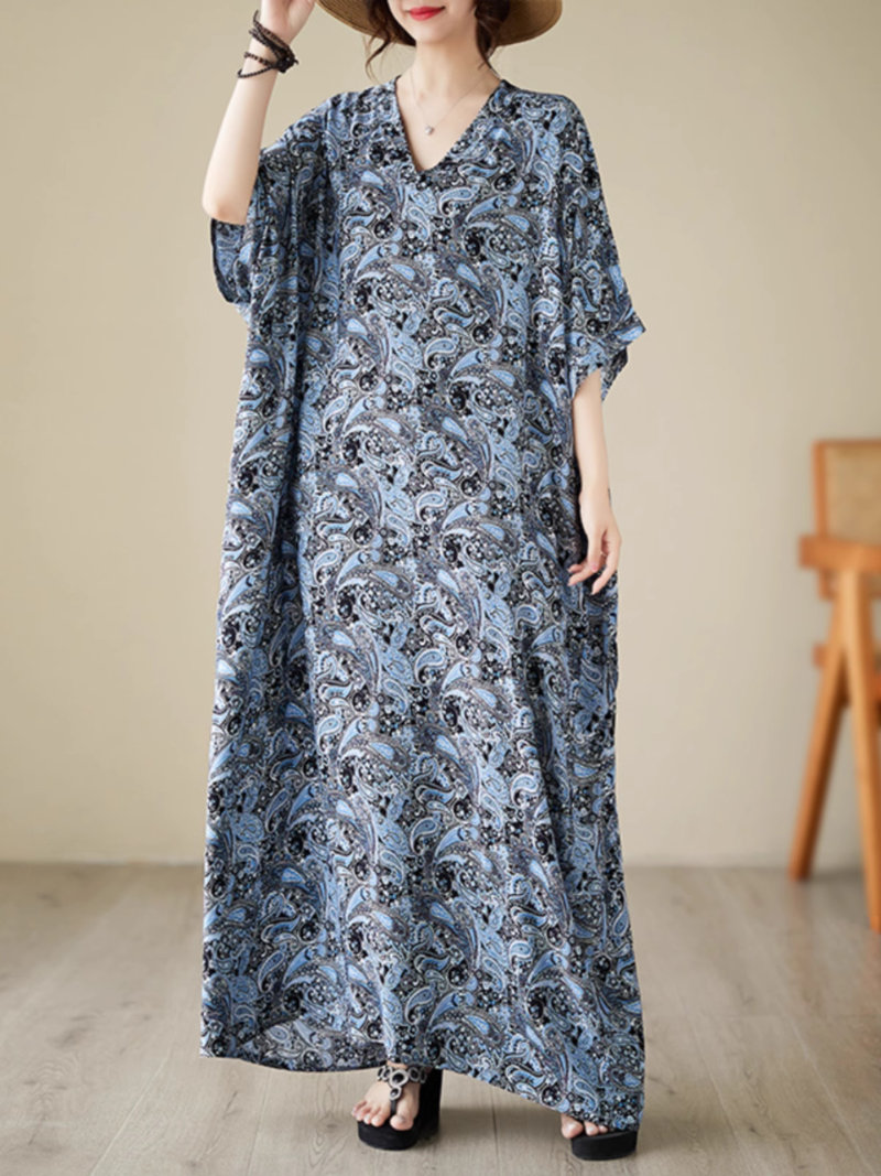 Split Neck Batwing Sleeve Paisley Print Loose Kaftan Maxi Dress 5