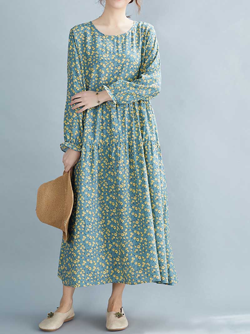 Green Round Neck Long Sleeve Ditsy Floral Print Tiered Midi Dress 5