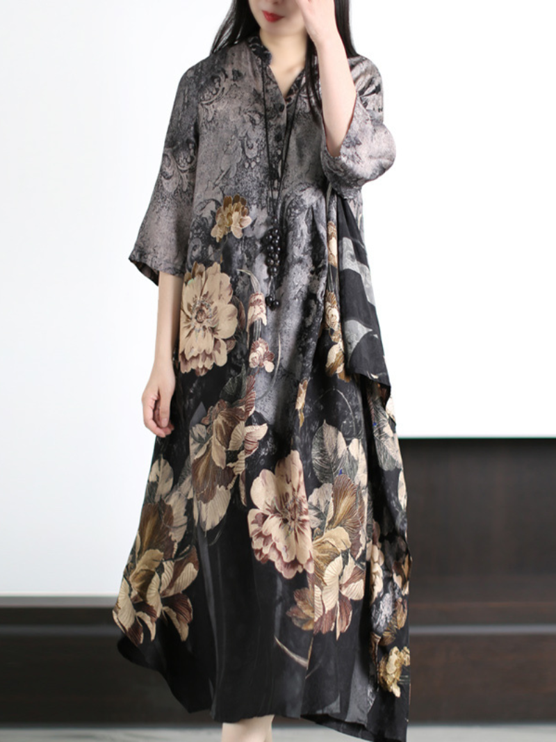 Stand Collar Floral Print Half Sleeve Loose Flowy Maxi Dress