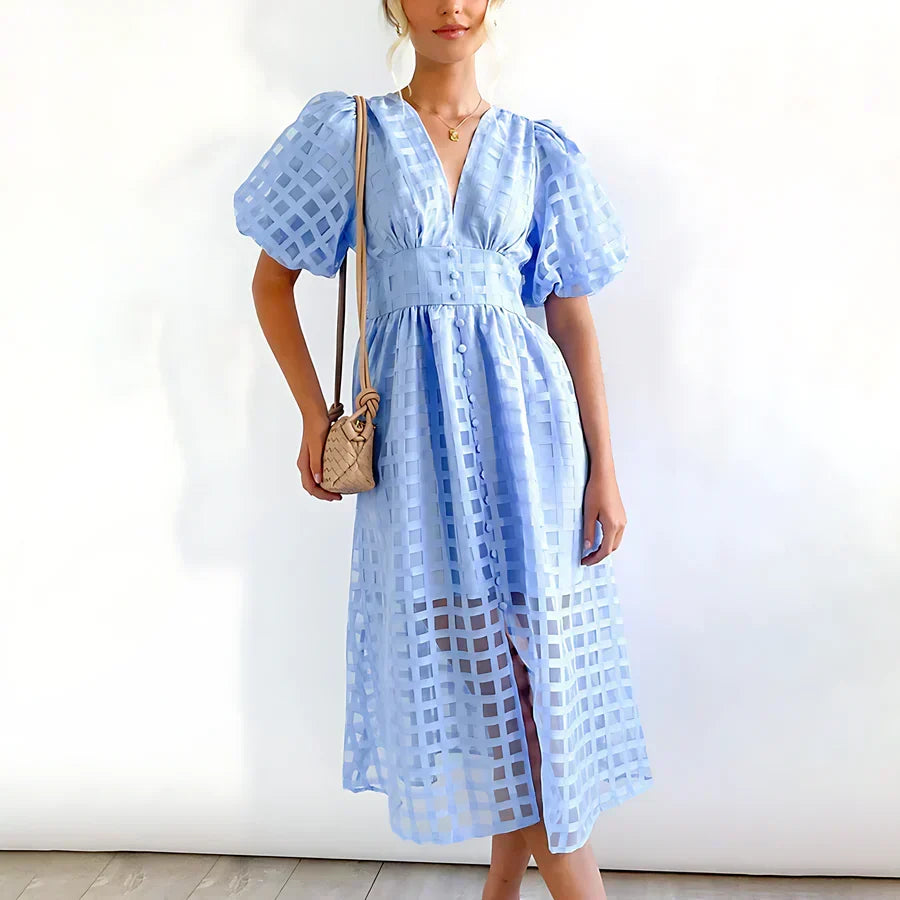 V-Neck Puff Sleeve Sheer Organza Grid A-Line Midi Dress