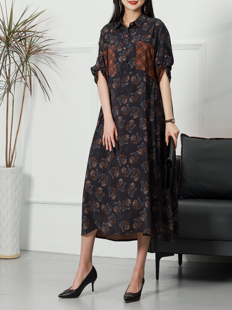 Blue Collared Roll-Up Sleeve Floral Patchwork Button Loose Shirt Midi Dress