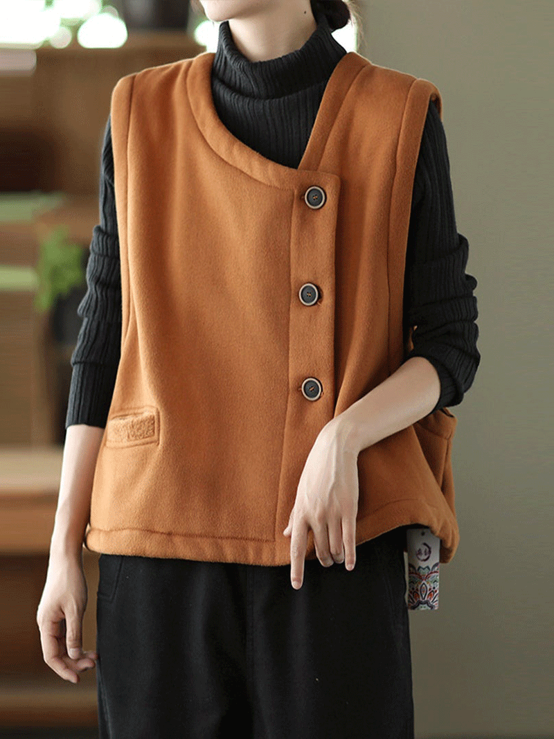 Round Neck Asymmetric Button Sleeveless Pocket Vest 10