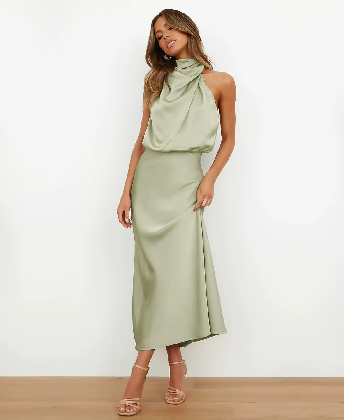 Halter Neck Draped Satin Sleeveless A-Line Maxi Dress 14