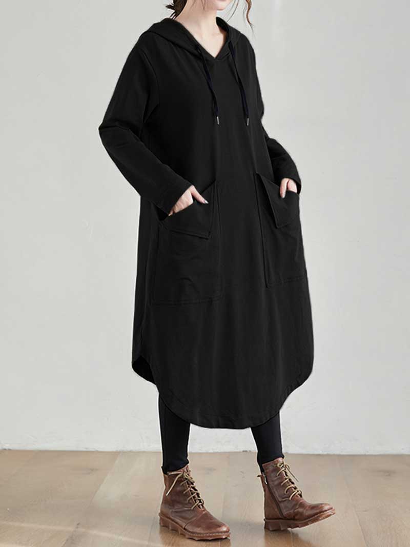 Hooded Drawstring Long Sleeve Pocket Loose Hoodie Dress 6