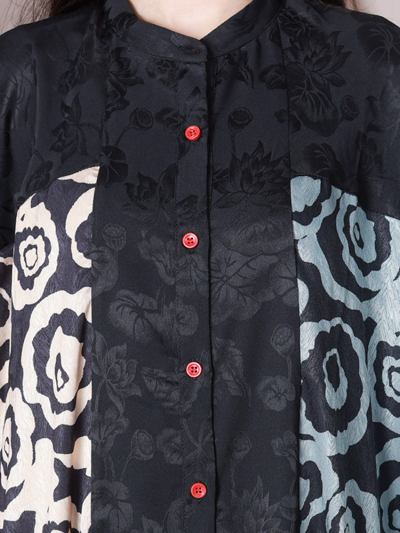 Black Stand Collar Button Front Floral Patchwork Short Sleeve Shirt Midi Dress
