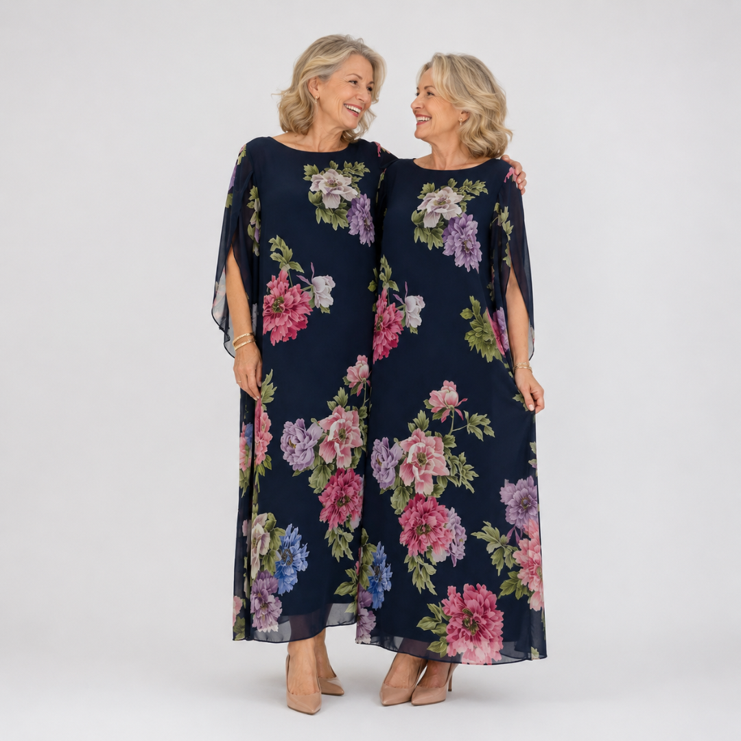 Blue Round Neck Floral Chiffon Cape Sleeve Shift Maxi Dress 2