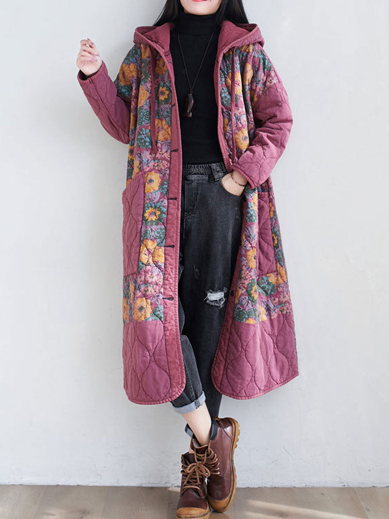 Hooded Floral Patchwork Quilted Longline Coat 2