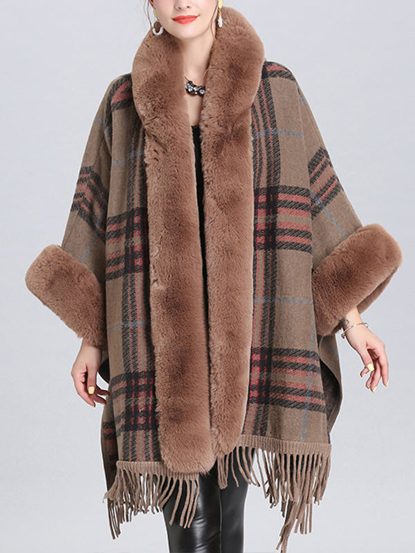 Faux Fur Trim Plaid Tassel Hem Cape Poncho Cardigan