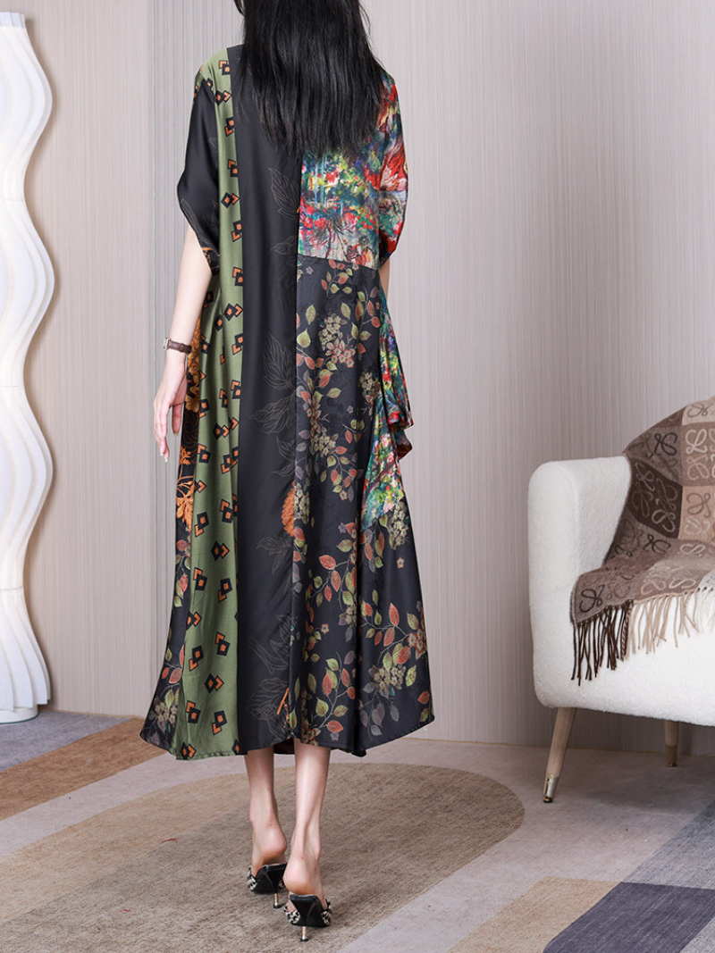 Multi Color V-Neck Short Sleeve Floral Patchwork Ruched Waist Loose Midi Dress