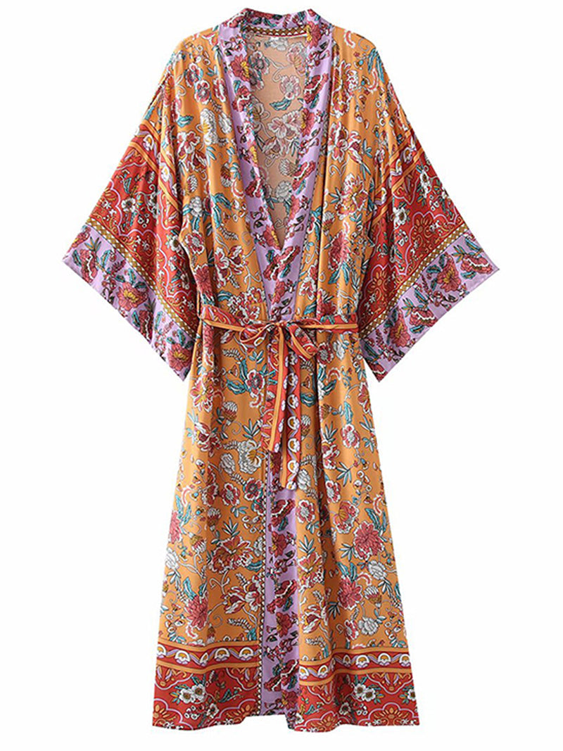 Orange Bohemian Floral Border Print Tie Waist Long Kimono Robe