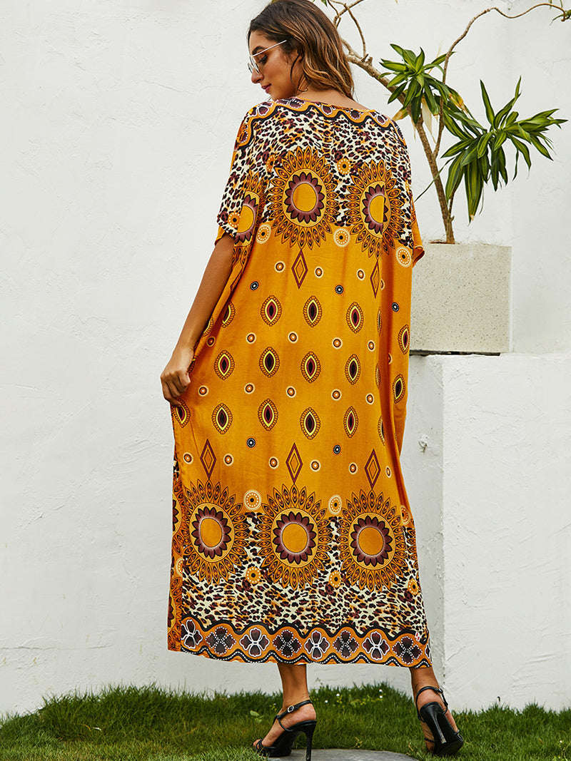 Yellow V-Neck Mandala Leopard Print Batwing Sleeve Kaftan Maxi Dress