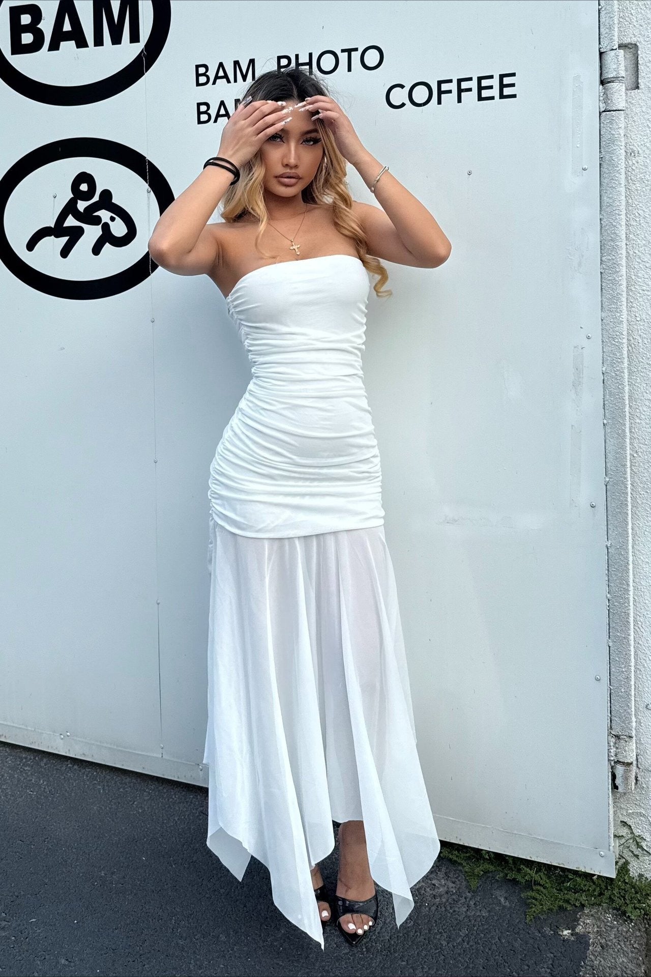 Solid Strapless Mesh Panel Party Dress