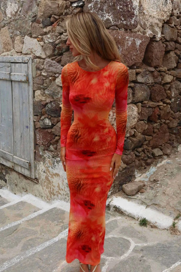 Orange Long Sleeve Open Back Watercolor Abstract Print Mesh Bodycon Maxi Dress 3