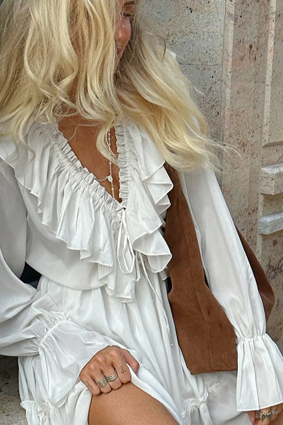White Chiffon V-Neck Mini Dress