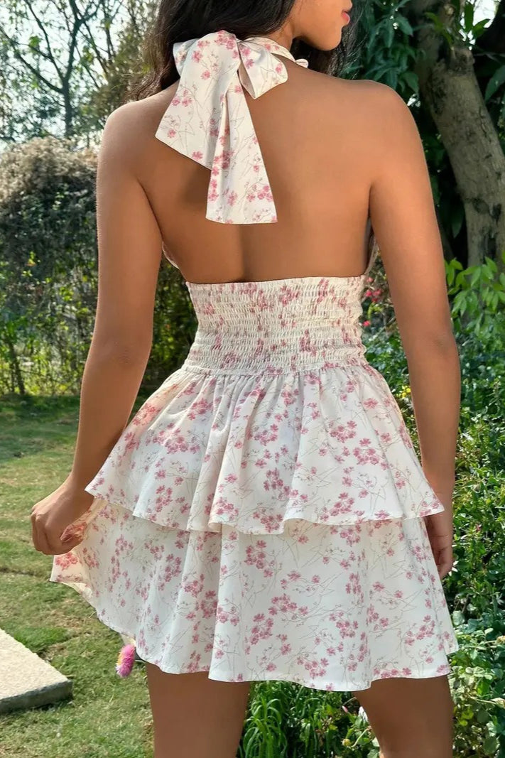 Spaghetti Strap Double Layer Ruffle Backless Ditsy Floral Print Mini Dress 2