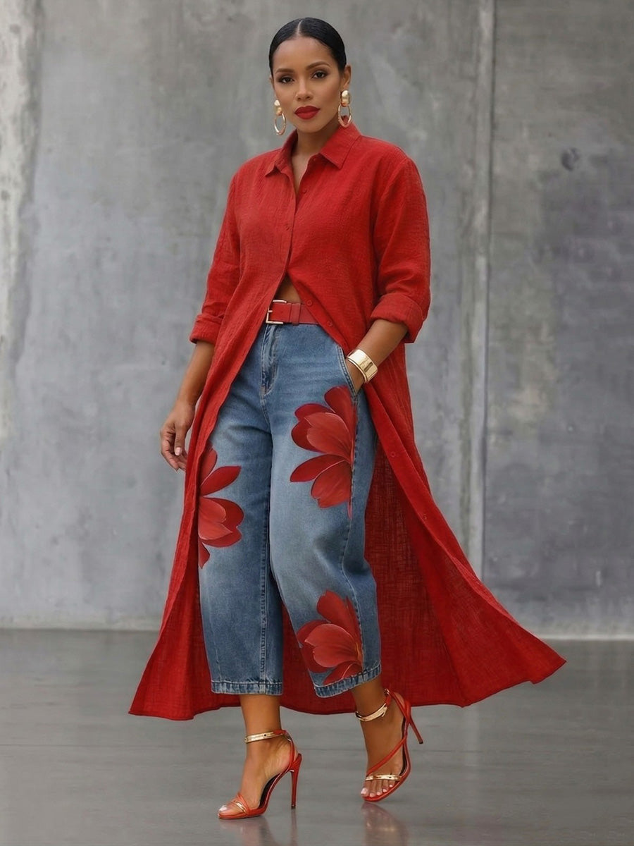 Collared Button Front Long Sleeve High Slit Longline Shirt Dress