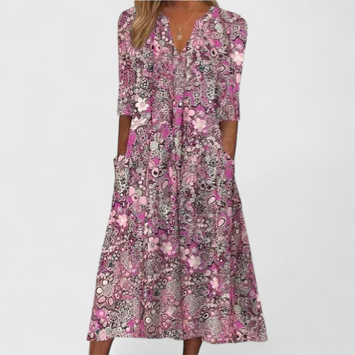 Notched V-Neck Half Sleeve Floral Paisley Pocket A-Line Midi Dress