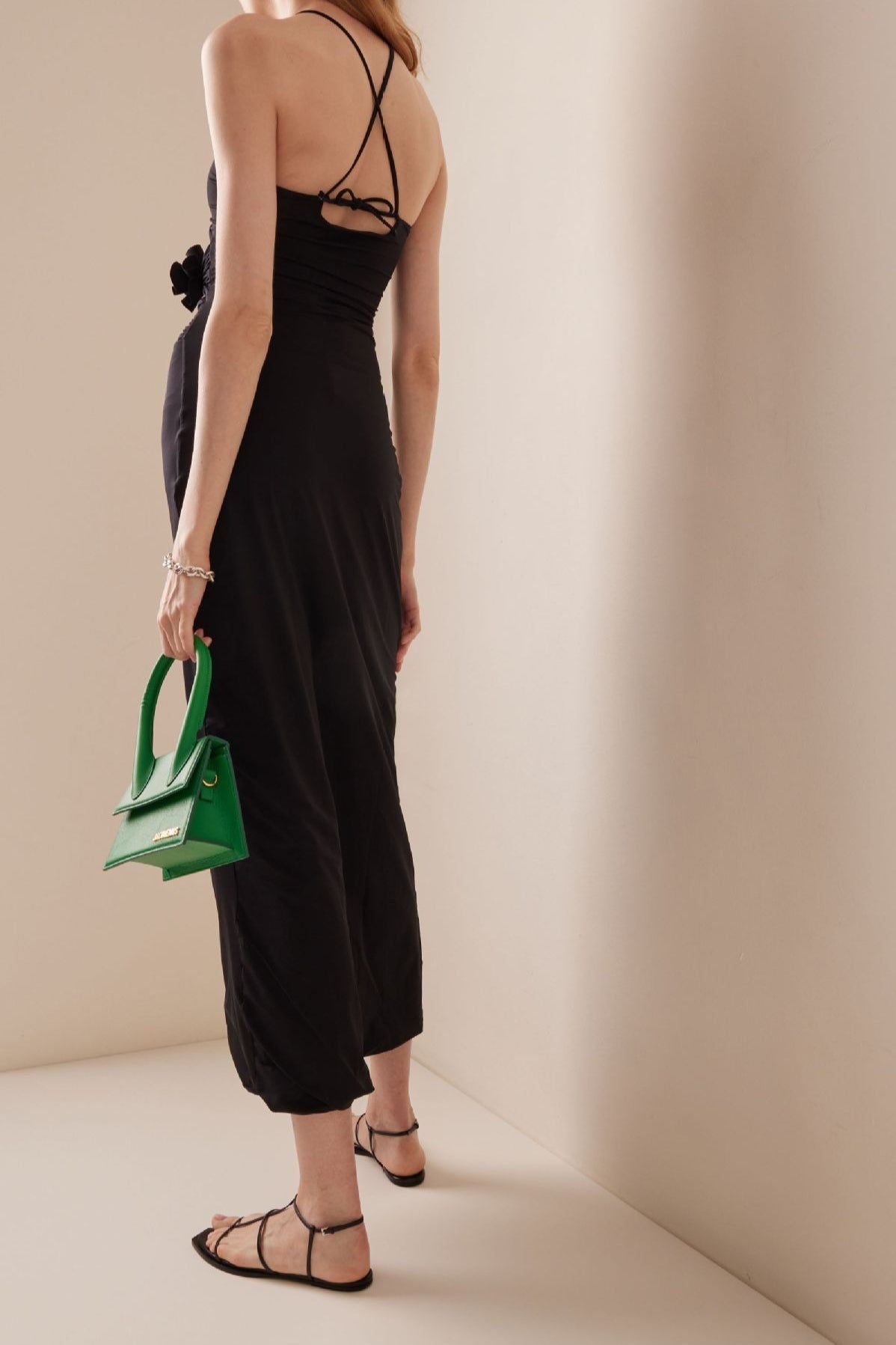 3D Floral Waist Cinch Cutout Halter Maxi Slip Dress